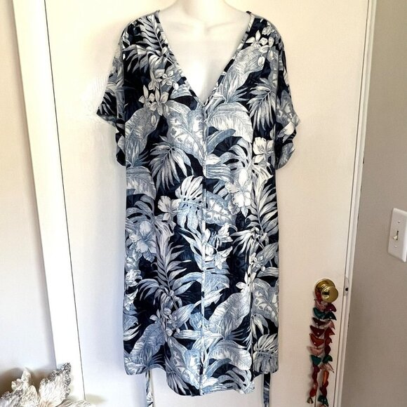 H & M LOGG NAVY BLUE TROPICAL PRINT LINEN BLEND DRESS SIZE LARGE - Picture 2 of 11